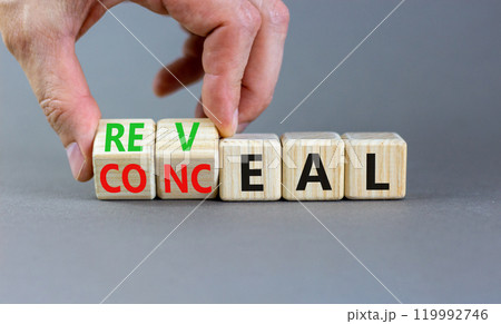 Reveal or conceal symbol. Businessman turns wooden cubes and changes word Conceal to Reveal. Beautiful grey background, copy space. Business reveal or conceal concept. 119992746