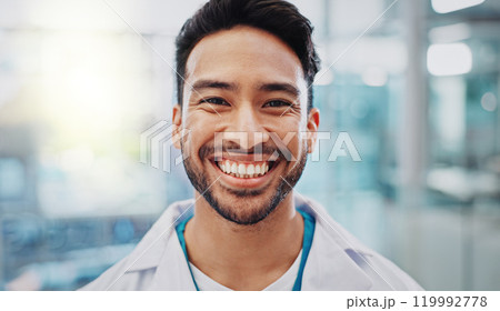 Asian man, scientist and smile in portrait at lab for research or study to experiment for future. Science, medical and confident with career, job growth and opportunity for project on healthcare 119992778