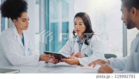 Doctor, meeting and tablet with planning, conversation and collaboration for surgery in a hospital. Technology, healthcare and medical professional group with teamwork and communication for clinic Doctor, meeting and tablet with planning, conversation and collaboration for surgery in a hospital. Technology, healthcare and medical professional group with teamwork and communication for clinic 119992791