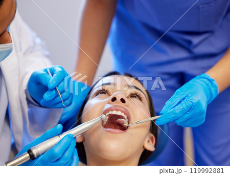 Hands, mouth and tools with woman at dentist for oral hygiene or dental care appointment closeup. Checkup, healthcare and medical equipment with patient in chair at clinic for cleaning or exam 119992881