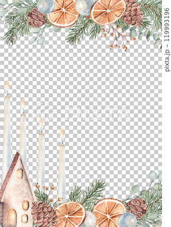 Christmas Advent square vertical Frame, Border. Card Template with Winter plants, Candles and Ceramic House, rustic Lantern. Hand drawn Botanical Illustration of Fir Branches, Eucalyptus, Pine Cone Christmas Advent square vertical Frame, Border. Card Template with Winter plants, Candles and Ceramic House, rustic Lantern. Hand drawn Botanical Illustration of Fir Branches, Eucalyptus, Pine Cone 119993196