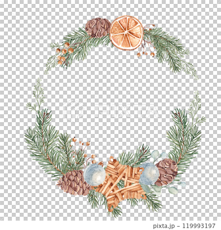 Christmas Wreath with Winter plants and Wicker Star Toy made of rattan. Circle Frame. Hand drawn Botanical Illustration of Fir Branches, Eucalyptus, Pine Cones and dried Orange slices isolated on Christmas Wreath with Winter plants and Wicker Star Toy made of rattan. Circle Frame. Hand drawn Botanical Illustration of Fir Branches, Eucalyptus, Pine Cones and dried Orange slices isolated on 119993197