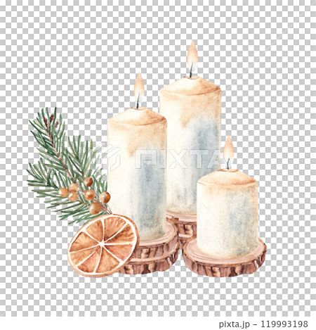 Christmas Candle Composition on Wooden Saw cuts with Fir Branches, winter berries and dry Orange slice. Watercolor illustration isolated on white background. Third Advent. For Cards and Prints Christmas Candle Composition on Wooden Saw cuts with Fir Branches, winter berries and dry Orange slice. Watercolor illustration isolated on white background. Third Advent. For Cards and Prints 119993198