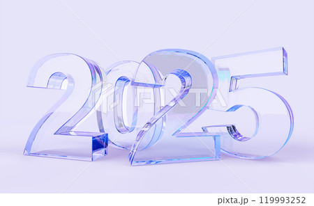 2025 Happy New Year glass holographic number design 3d render background. Crystal iridescent font typography for poster, banner, calendar, greeting card and Christmas celebration 2025. 3D illustration 119993252