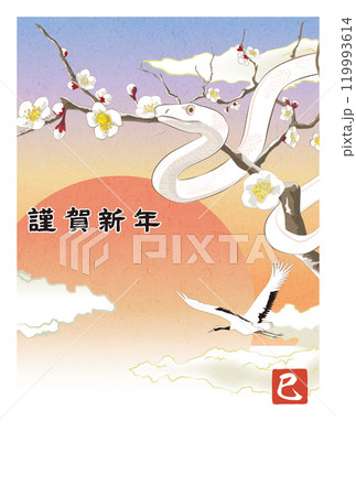 年賀状 デザイン 2025年 巳年 年賀状用テンプレート 初日の出を喜ぶヘビと鶴 119993614