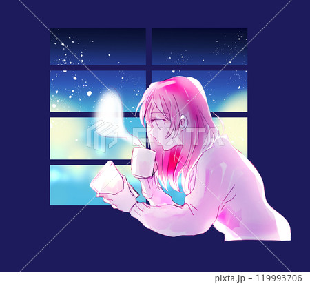 飲み物を飲みながら本を読む女性 飲み物を飲みながら本を読む女性 119993706