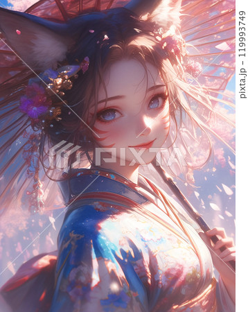 狐耳の和装美少女が傘を持つ幻想的な姿 119993749