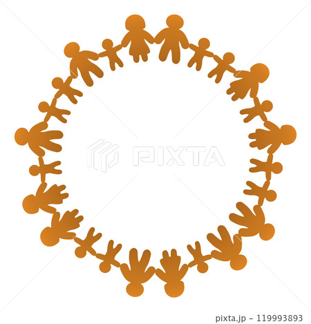 Circle with gingerbread figures holding hands. Men, women, and children standing in a circle and holding hands. Connected people forming a circle to express family, friendship, and peaceful society. 119993893