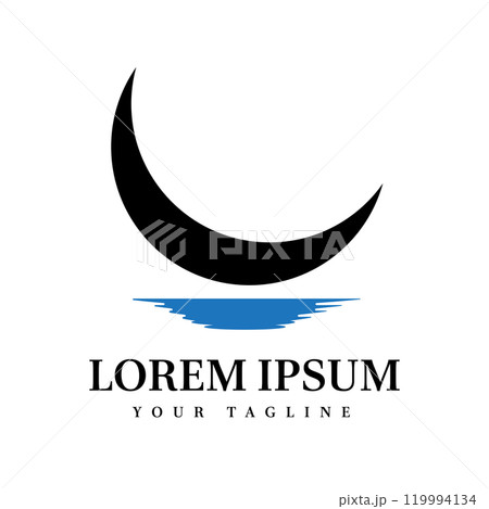 Minimalist Black Crescent Moon with Blue Water Reflection Perfect for Wellness, Travel, Nightlife, and Relaxation Brand Identity 119994134