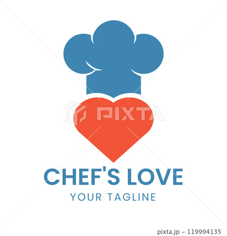 Playful Culinary Icon with Blue Chef Hat and Red Heart Ideal for Food Industry Branding, Restaurant Logos, and Cooking Passion Projects 119994135