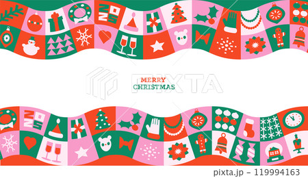 Merry Christmas and Happy New Year modern wavy abstract card in minimalist geometric style. Christmas colorful illustration in flat ornate style. Xmas background with vector pattern. 119994163