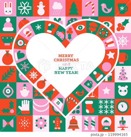 Modern geometric Christmas and Happy New Year greeting banner template. Festive vector background in bauhaus style. Traditional winter holiday symbols in heart shape. Minimal ornate design. Modern geometric Christmas and Happy New Year greeting banner template. Festive vector background in bauhaus style. Traditional winter holiday symbols in heart shape. Minimal ornate design. 119994165