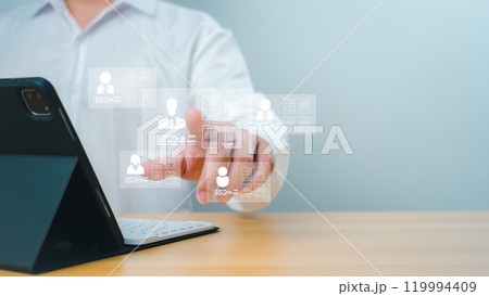 Hr, HRM, Human resources management concept. Check resume, Screening employee information, job applicants, Employees must complete the online survey form, answer the test questions. Hr, HRM, Human resources management concept. Check resume, Screening employee information, job applicants, Employees must complete the online survey form, answer the test questions. 119994409