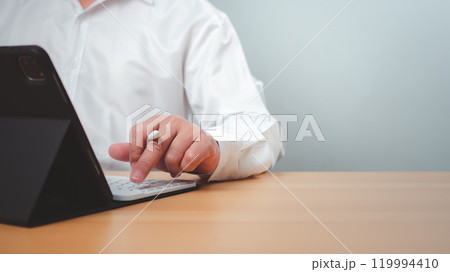 Business accounting concept. Business uses calculator with laptop computer, budget and income concept, sales concept, company accounting management. 119994410