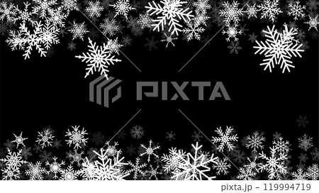 Christmas background with falling snowflakes. Winter holiday background or frame with pattern of holiday snow. Christmas background with falling snowflakes. Winter holiday background or frame with pattern of holiday snow. 119994719