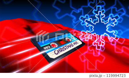 Christmas holiday mix cassette flying with neon snowflake in 80s synthwave or retrowave style 119994723