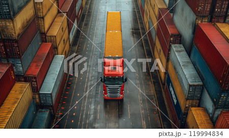 Red truck transporting cargo through shipping container yard on rainy day. Generative AI 119994834
