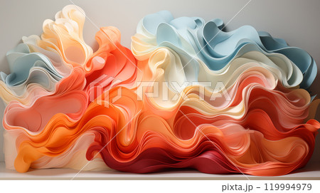 Paper cut sculpture of ocean wave, artistic craftsmanship, abstract background. Generative AI Paper cut sculpture of ocean wave, artistic craftsmanship, abstract background. Generative AI 119994979