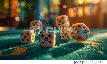 Five dice tumble on green felt surface in warm sunlight at game moment. Generative AI 119994987