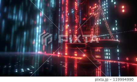 Balanced justice scales on binary data background, intersection of law and technology. Generative AI 119994990