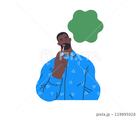 Thinking people, modern flat vector concept illustration- man standing thoughtfully, looking upwards, bubble near his head Metaphor for reflection, analysis, introspection, contemplation, deep thought 119995028