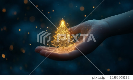 A child's hand, holding a sparkling golden Christmas tree shape. A child's hand, holding a sparkling golden Christmas tree shape. 119995032
