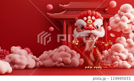 The Chinese dragon, wearing red, stands in the gate of an ancient building, surrounded by clouds. The Chinese dragon, wearing red, stands in the gate of an ancient building, surrounded by clouds. 119995033
