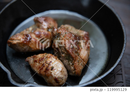 ジビエイメージ　スキレットでよく焼いた猪肉　(写真素材) 119995129