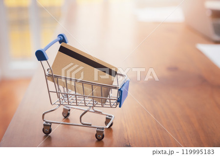 Shopping cart with credit card on wooden table. Spend money using credit card ,buying online, shopping , e-commerce lifestyle concept.Copy space. 119995183