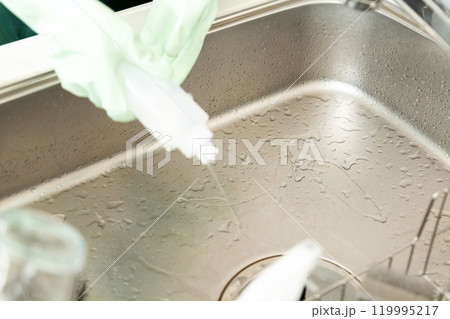 キッチンのシンクを洗うミドル〜シニア女性の手元 119995217