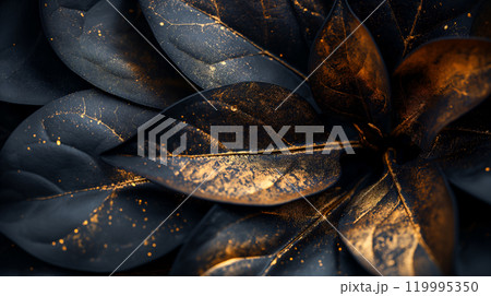 Abstract black and gold leaves background with glowing particles, magic backdrop. Generative AI 119995350