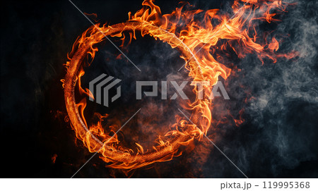 Glowing neon flame creates circular pattern on dark background. Generative AI 119995368