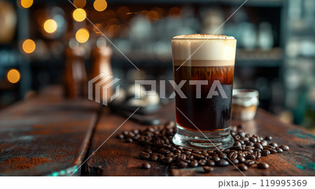 Classic Irish coffee topped with whipped cream on blurred background. Generative AI Classic Irish coffee topped with whipped cream on blurred background. Generative AI 119995369