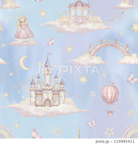 Seamless Pattern with Castle for Princess on a cloud, carriage and bridge on watercolor background in pastel pink and blue colors. Illustration for Baby girl textile design or childish wallpaper. Seamless Pattern with Castle for Princess on a cloud, carriage and bridge on watercolor background in pastel pink and blue colors. Illustration for Baby girl textile design or childish wallpaper. 119995411