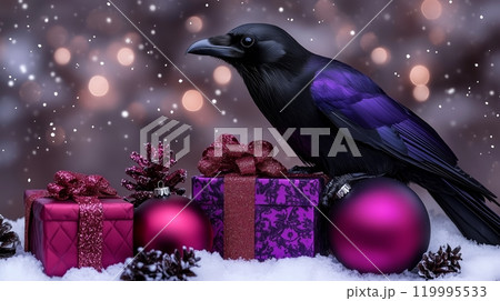 A drawing of a raven with Christmas presents with sparkling snow. 119995533