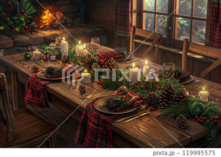 A warm illustration of a cozy Christmas dinner table with a rustic wooden tabletop, beautifully decorated with pine cones, holly, plaid napkins, and the soft glow of candlelight 119995575