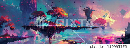 A bizarre, ethereal landscape where neon-colored trees grow on floating islands, offering a strikingly surreal and mystical vision that blends nature with abstract art, unusualness explosion 119995576