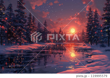 A scenic winter landscape with trees wrapped in festive Christmas lights, a frozen pond reflecting the bright glow, and a full moon shining overhead in the peaceful night 119995579