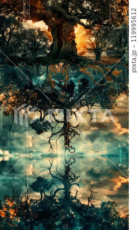 A bizarre, inverted forest where roots stretch toward the sky and branches delve underground, presenting a strange and otherworldly scene that feels both eerie and magical, unusualness explosion 119995612