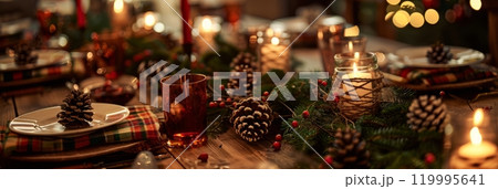 The Christmas dinner table, with its rustic wooden tabletop, plaid napkins, and soft candlelight, is beautifully decorated with pine cones and holly for a warm, classic holiday feel 119995641