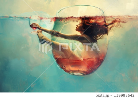 A young woman swims gracefully in a giant glass filled with dry wine cocktail, creating a surreal and elegant scene with clear liquid and playful reflections, unusualness explosion 119995642