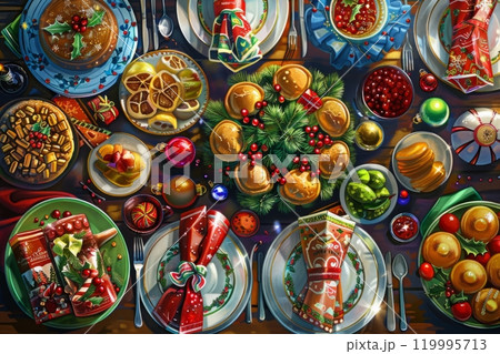 This illustration features a family Christmas dinner table set with colorful plates, Christmas crackers, and a variety of festive foods, centered around a joyful and vibrant centerpiece 119995713