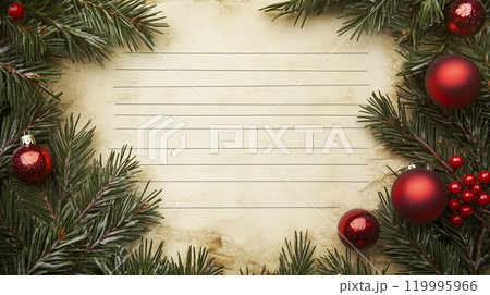 An empty letter paper with Christmas decorations around. An empty letter paper with Christmas decorations around. 119995966