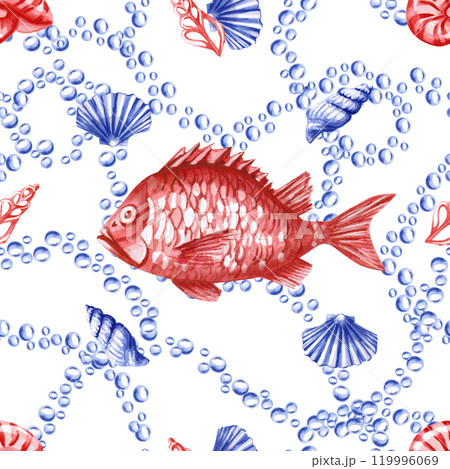Seamless pattern with shells, red fish and air bubbles. Watercolor illustration on a marine theme for fabric design, decoration of holidays with a marine theme, printing of seafood restaurants 119996069