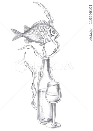 Vertical composition with fish and glass of wine. Isolated pencil graphic illustration for postcards, textiles, restaurant decoration, invitations to a sea party, Vertical composition with fish and glass of wine. Isolated pencil graphic illustration for postcards, textiles, restaurant decoration, invitations to a sea party, 119996101