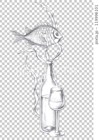 Vertical composition with fish and glass of wine. Isolated pencil graphic illustration for postcards, textiles, restaurant decoration, invitations to a sea party, Vertical composition with fish and glass of wine. Isolated pencil graphic illustration for postcards, textiles, restaurant decoration, invitations to a sea party, 119996101