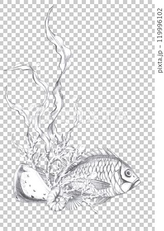 Vertical composition with fish, seaweed and corals. Isolated pencil graphic illustration for postcards, textiles, restaurant decoration, invitations to a sea party, Vertical composition with fish, seaweed and corals. Isolated pencil graphic illustration for postcards, textiles, restaurant decoration, invitations to a sea party, 119996102