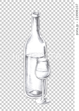 Vertical composition with wine bottle and glass. Isolated pencil graphic illustration for postcards, textiles, restaurant decoration, invitations to a sea party, 119996107