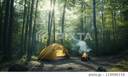 A yellow tent set up in the forest, surrounded by tall trees and lush foliage. 119996158
