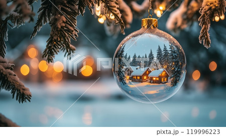 A glass ball is hanging on a Christmas tree, with a small village inside the glass ball. A glass ball is hanging on a Christmas tree, with a small village inside the glass ball. 119996223